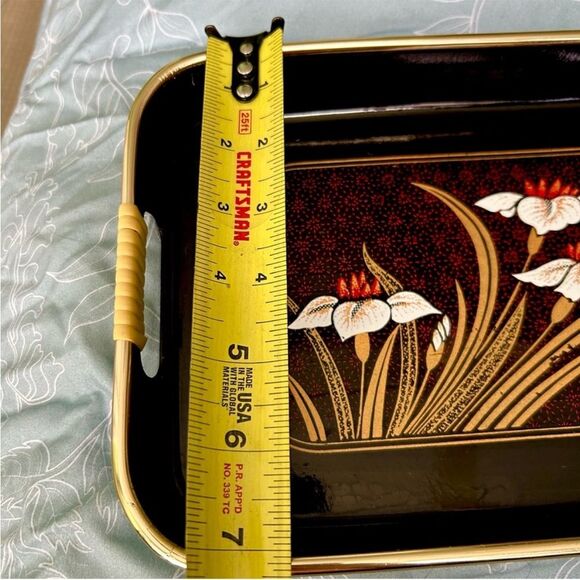 Vintage Floral Oriental Black Tray With Handles Rustic Ottoman Tabletop Storage - Picture 7 of 8